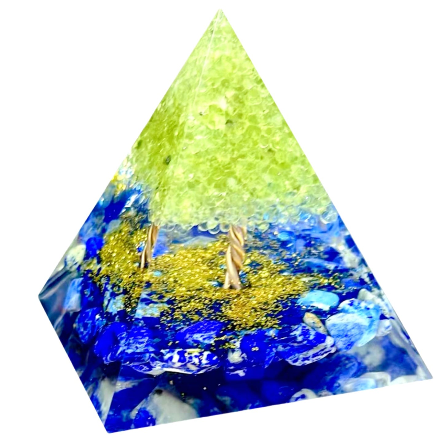 Saefheled Tree of Life Orgone Pyramid,Natural Energy Peridot Lapis Lazuli Orgonite Healing Crystal Pyramid,for Reduce Stress,Balance Chakra,Meditation Attract Luck,Accumulate Wealth Health(6cm)
