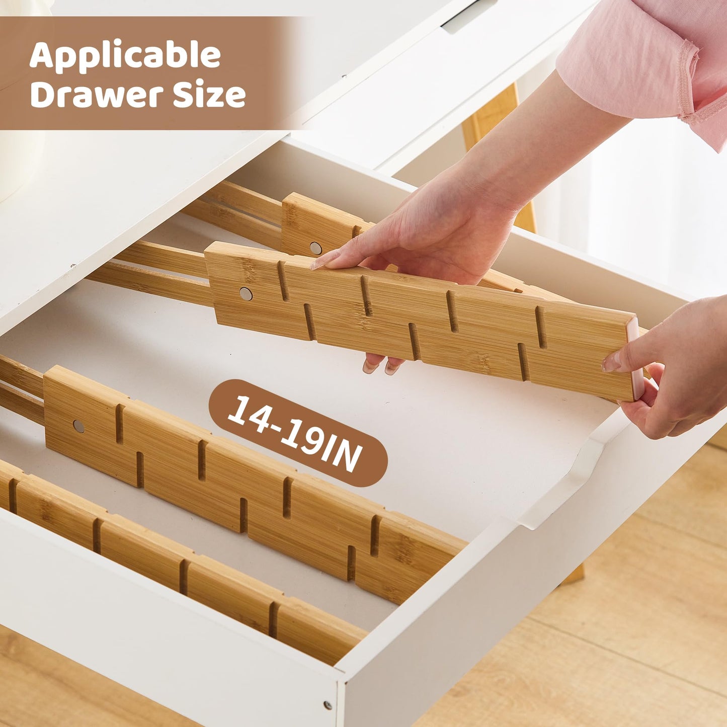 FILWH Bamboo Drawer Dividers with Inserts kitchen drawer organizer Adjustable Expandable 8 Pack Organizer Set for Kitchen Bedroom Bathroom Office 8 Dividers with 16 Inserts (Natural, Small (14-19IN))