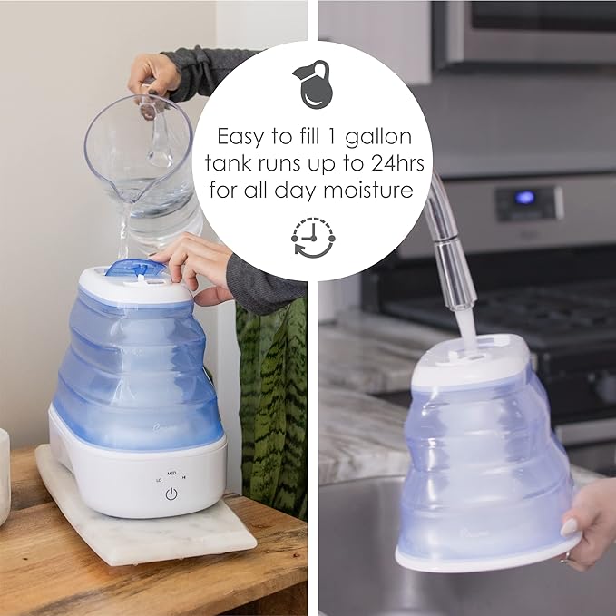 Crane Collapsible Cool Mist Humidifier for Bedroom and Office, 1 Gallon Portable Humidifier for Travel and Easy Storage, Blue and White