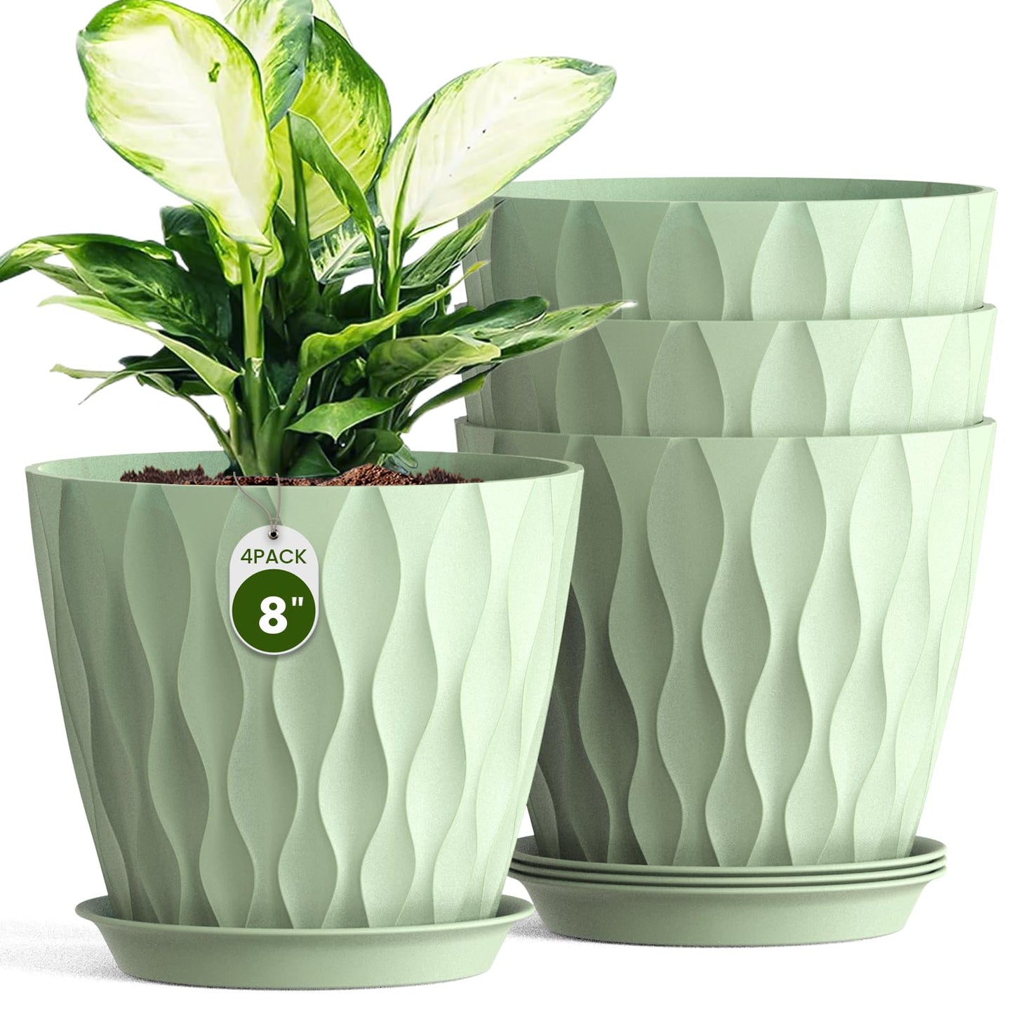 Areutxbis 8 Inch Wave Plant Pots with Drainage Holes & Saucers, 4 Pack Modern Textured Medium Planters for Indoor Outdoor Plants, Decorative Flower Pots Repotting Set for Flowers, Herbs (Green)