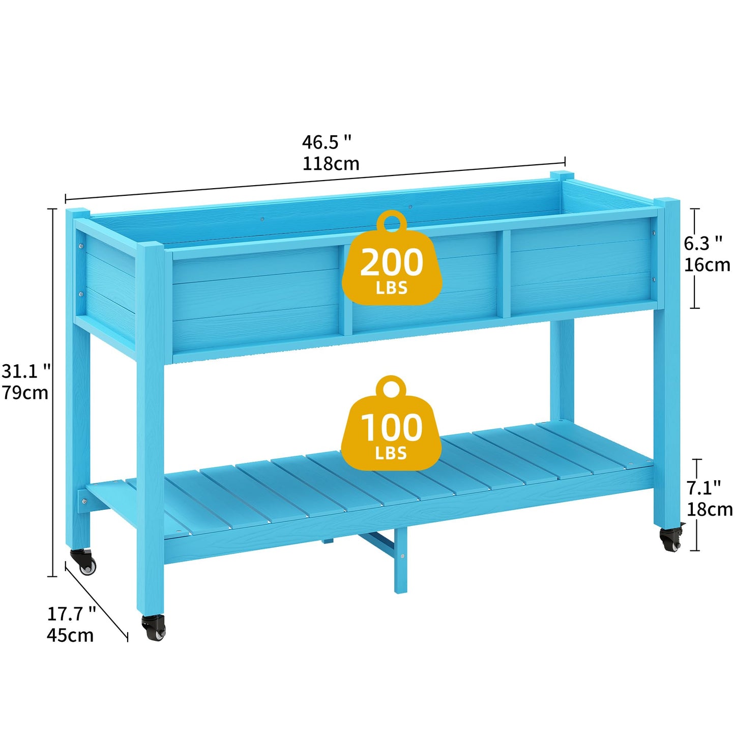 DWVO 47x18x31in Raised Garden Bed HDPE, Weather-Resistant Poly Wood Planter Box Stand, Planter Box with Legs, Storage Shelf & Lockable Wheels, Elevated Garden Bed for Backyard Patio - Aruba Blue