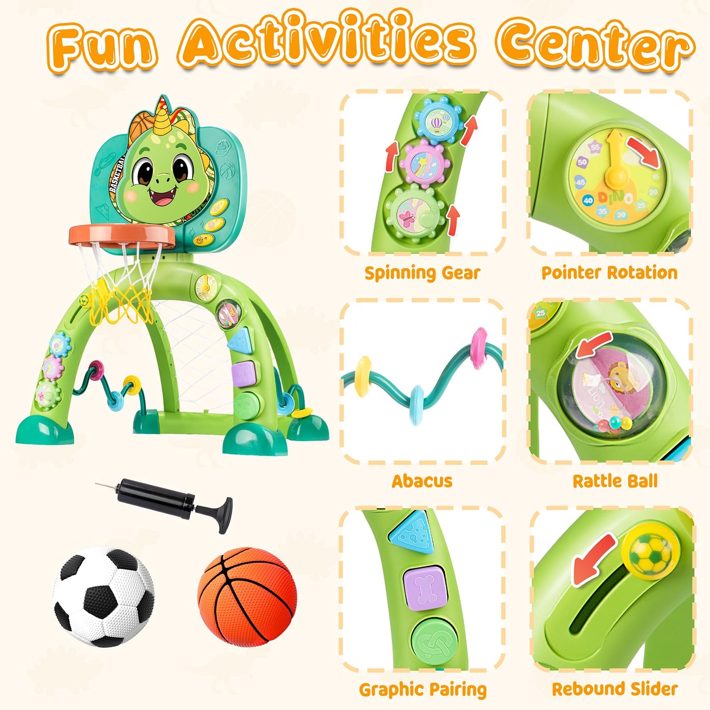 Toddler Basketball Hoop & Soccer Goal, Toys for 1 2 3 Year Old Boys Girls, Dinosaur Sports Play Toy Activity Center, Interactive Musical Sports Toys with Light, Christmas Birthday Gift for Ages 1-3
