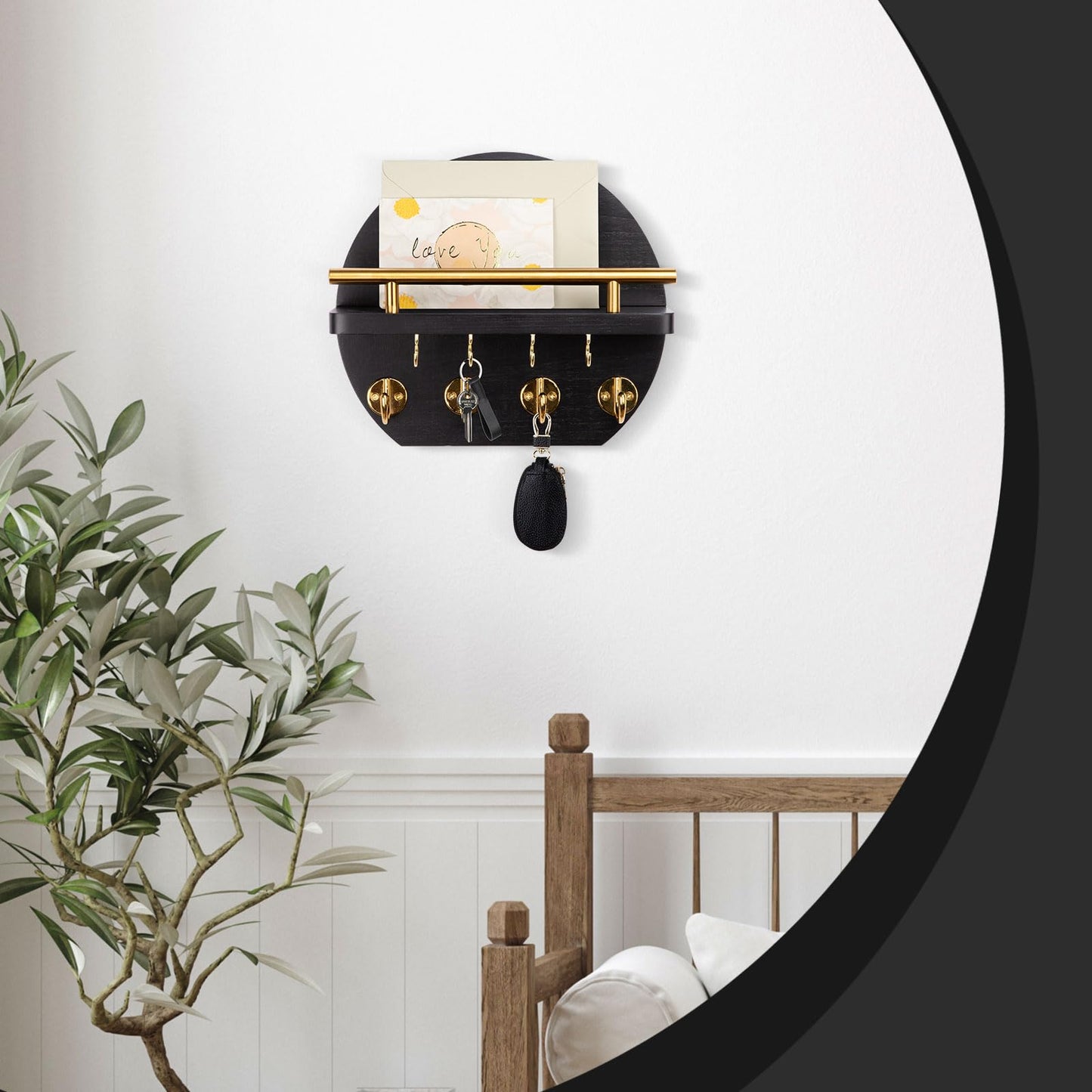 Nekon Key Holder for Wall - 9.8 Inch Apartment Wall Decor with Shelf and 8 Key Hooks, Circular Wood Key Hanger for Home Decor (Black with Golden Hooks)