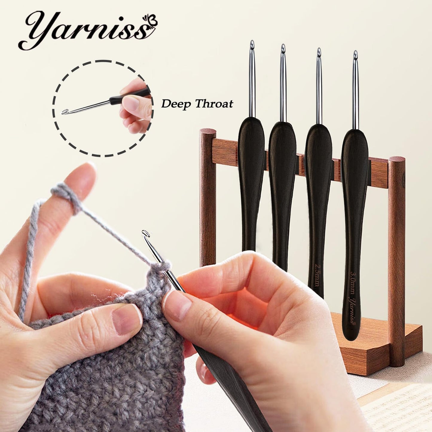 Yarniss 2.0 mm Ergonomic Crochet Hook with Ebony Wood Handle, Hand-Polished Stainless Steel Crochet Needle, Comfortable Crochet Tools with Gift Box