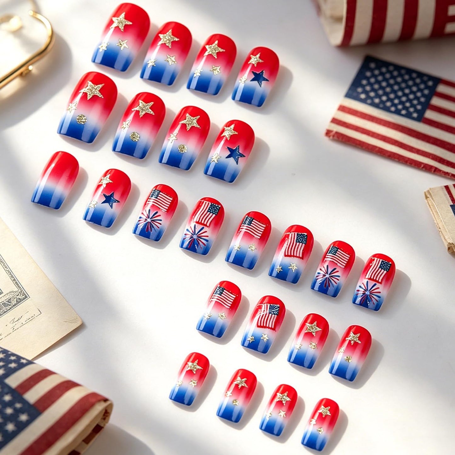 Independence Day Press on Nails Medium Square Fake Nails Gradient US Flag Color Stars Glitter with Fireworks False Nail 4th of July Stick on Glue on Artificial Fingernails for Women Holiday Manicure