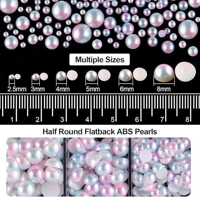 4000PCS Flatback Rhinestones and Half Round Pearls Kit #21, Multi Size Glass Clear Crystals, Plastic Flat Back Pink Mermaid Dome Bead with Pickup Pencil and Tweezer for Nail Art