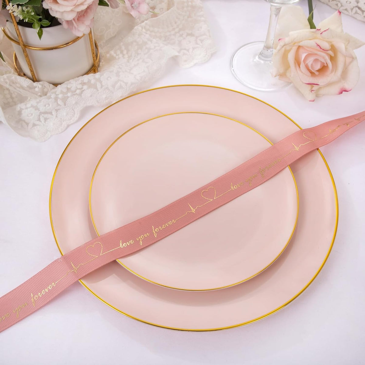 PULOTE 100PCS Pink Plastic Plates - Heavy Duty Pink and Gold Disposable Plates for Party, Wedding & Mother’s Day, Include 50 Dinner Plates and 50 Dessert Plates