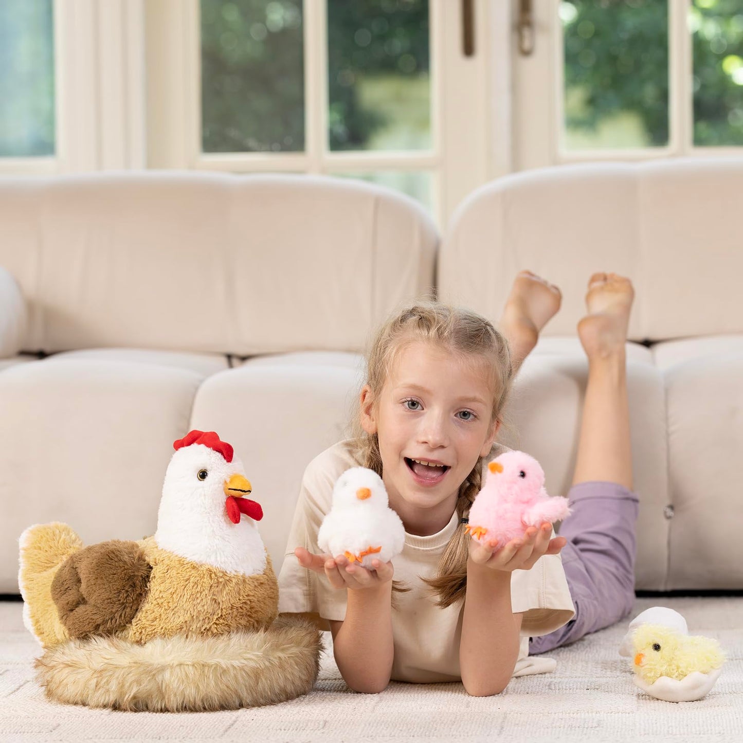 Karister 7Pcs Chicken Stuffed Animals, Stuffed Hen Plush with Baby Chicks & Eggs, Nest Hen Coop Plush Toy Set for Kids, Soft Stuffed Farm Animal Plushie for Birthday Christmas Easter Gift, 14"