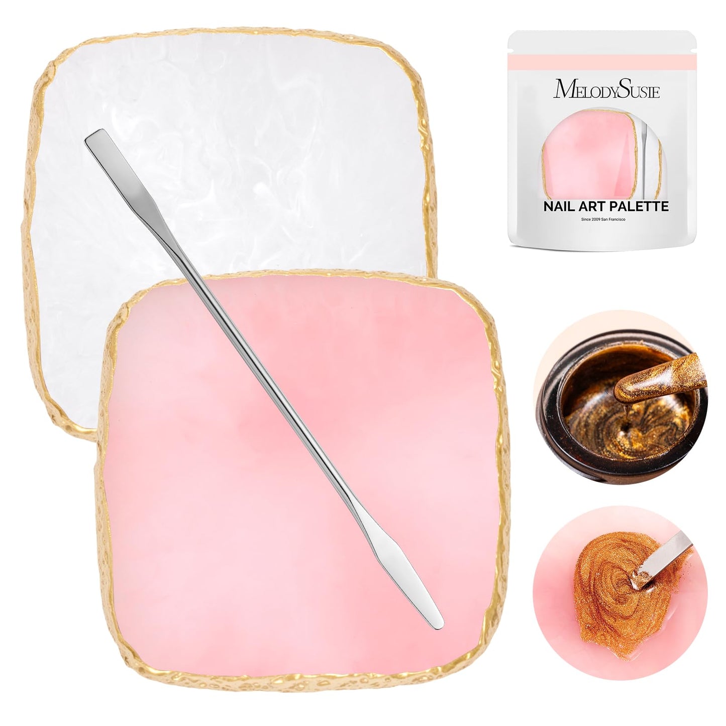 MelodySusie 2PCS Square Shape Resin Nail Art Palette Set with Stainless Steel Mixing Stick MelodySusie 50 Pcs Sponge Toe Separators Set