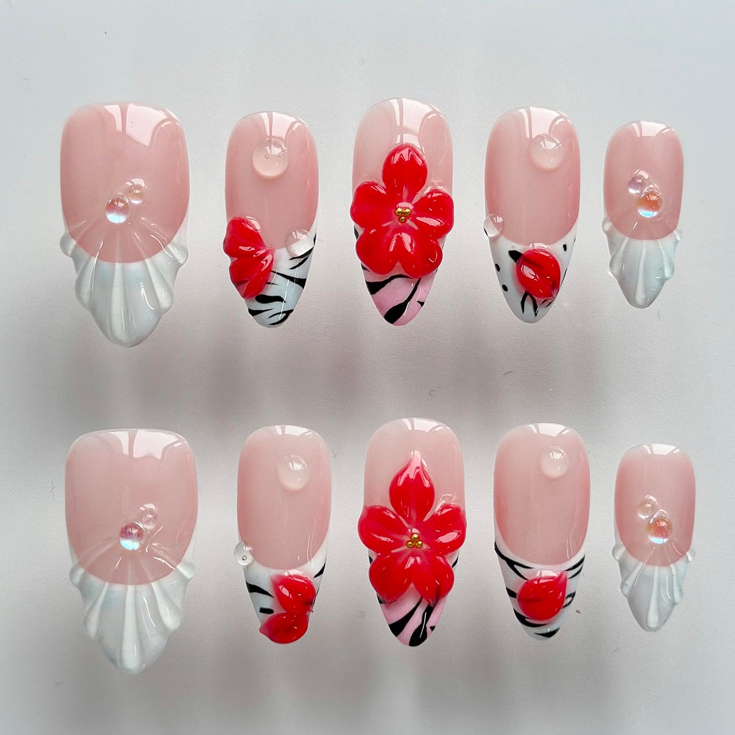 Luxury Press on Nails Medium Almond Handmade 3D Unique Reusable ABS Material Fake Nails White French Tip False Nails with Designs Water Drop Red Flower Glossy Glue on Nail Thick Acrylic Nail(M)