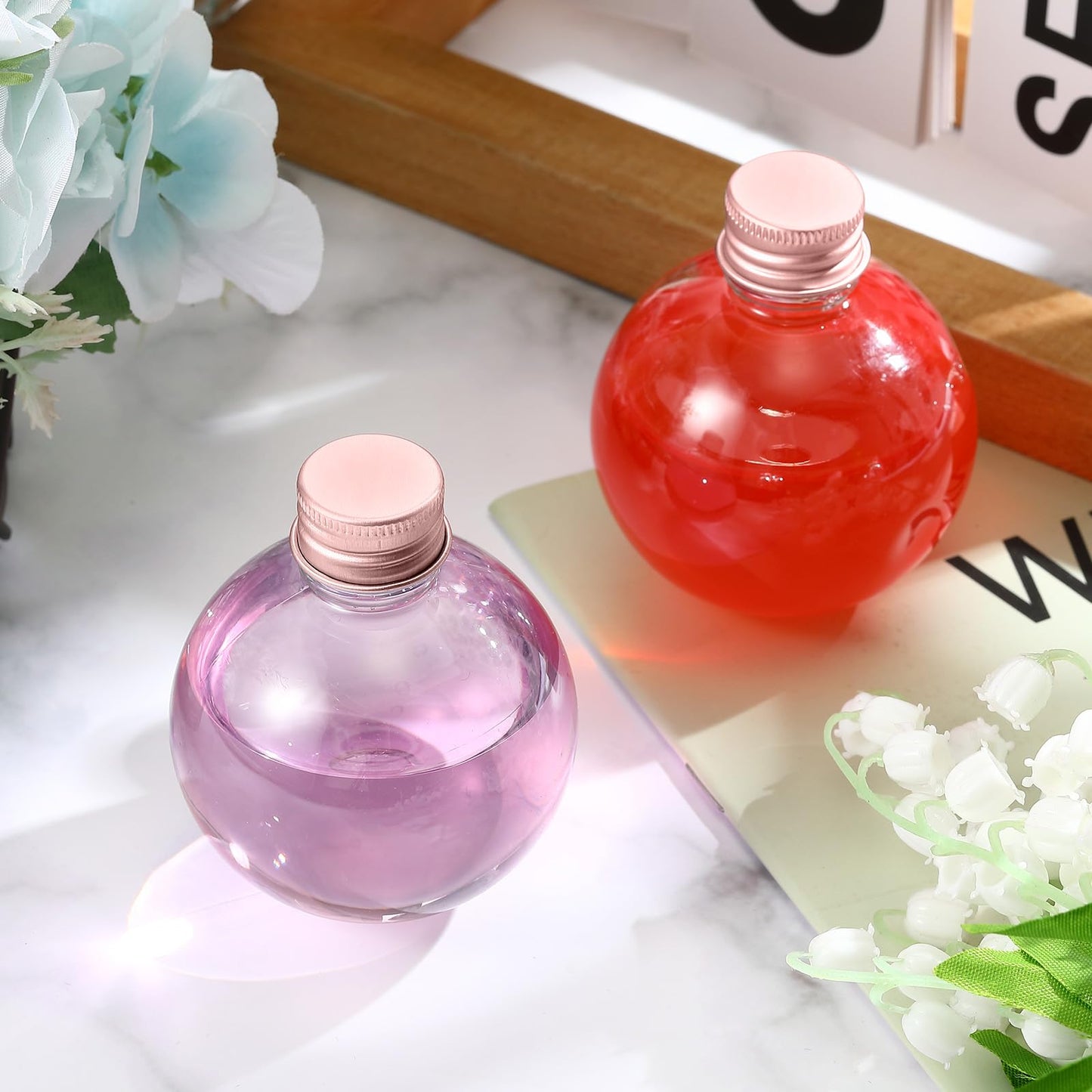 Layhit 24 Pcs Spherical Plastic Potion Bottles Ball Shape Round Bottles 3.4 oz Sand Art Jar with 5 Funnels Decorative ‌container Candy Jar for Valentines Birthday DIY Crafts(Rose Gold,Aluminum Lid)