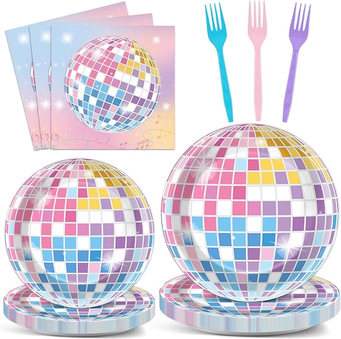 96Pcs Singer Plates and Napkins Disco Ball Party Decorations Colorful Disco Ball Dessert Plates Music Themed Birthday Tableware for 24 Guests Music Lover Birthday Wedding Anniversary Party Supplies