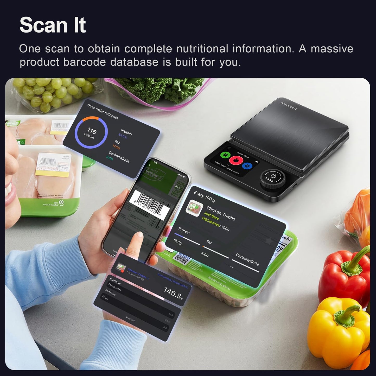 Amzmerit Smart Food Kitchen Scale with Nutritional Calculator, Timer, 0.1g High Precision Kitchen Scale, Free App with 27 Nutrients Tracking, Digital Grams and Ounces for Weight Loss,11lbs/5kg (Black)