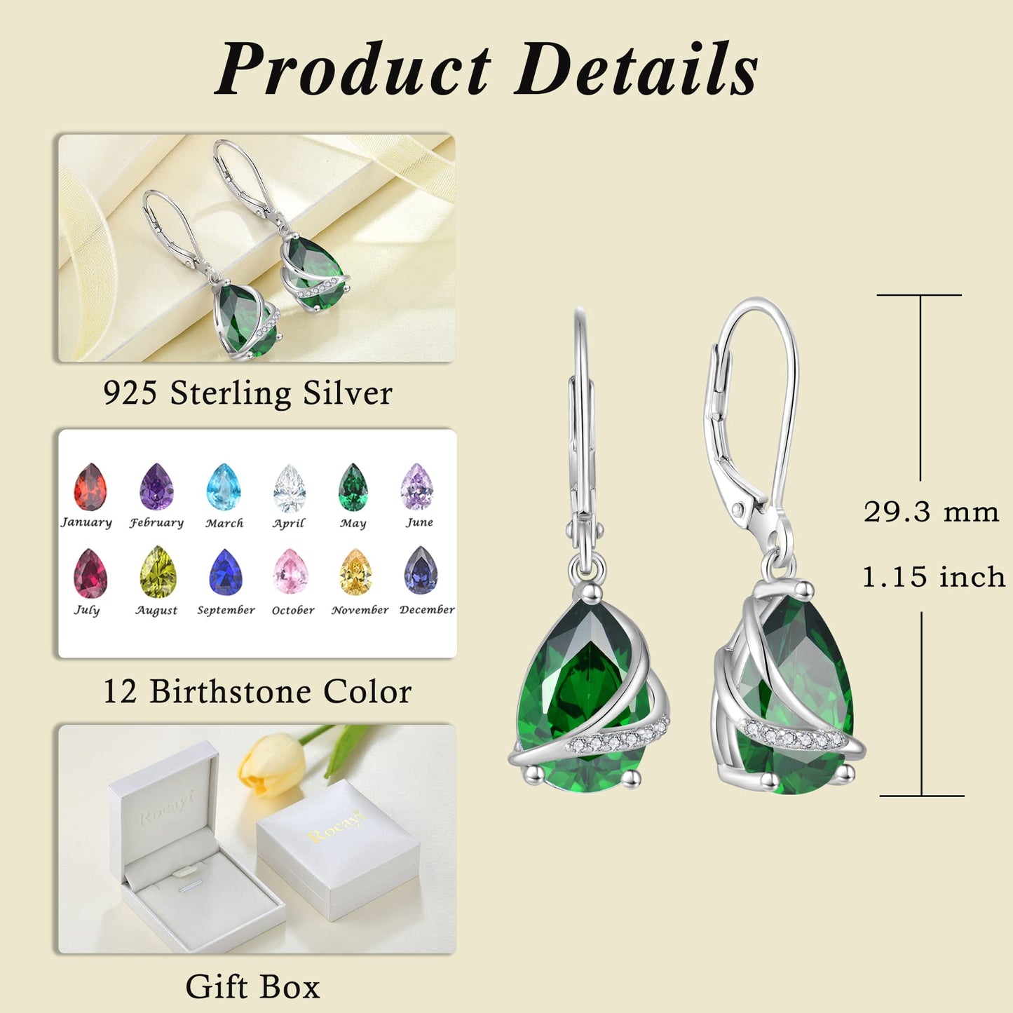 Rocayi Teardrop Emerald Earrings 925 Sterling Silver Dangle Drop Earrings May Birthstone Jewelry for Women