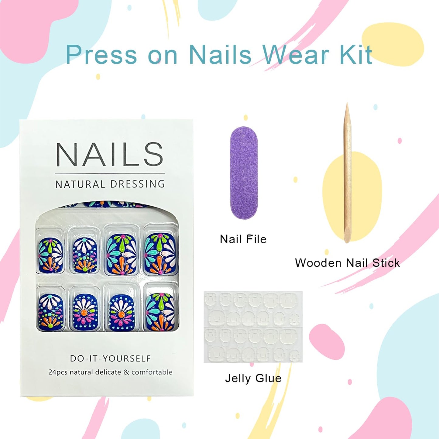 3D Flower Press on Nails Short Square Fake Nails with White Daisy Designs Blue False Nail Spring Summer Floral Stick on Nail for Women 24Pcs