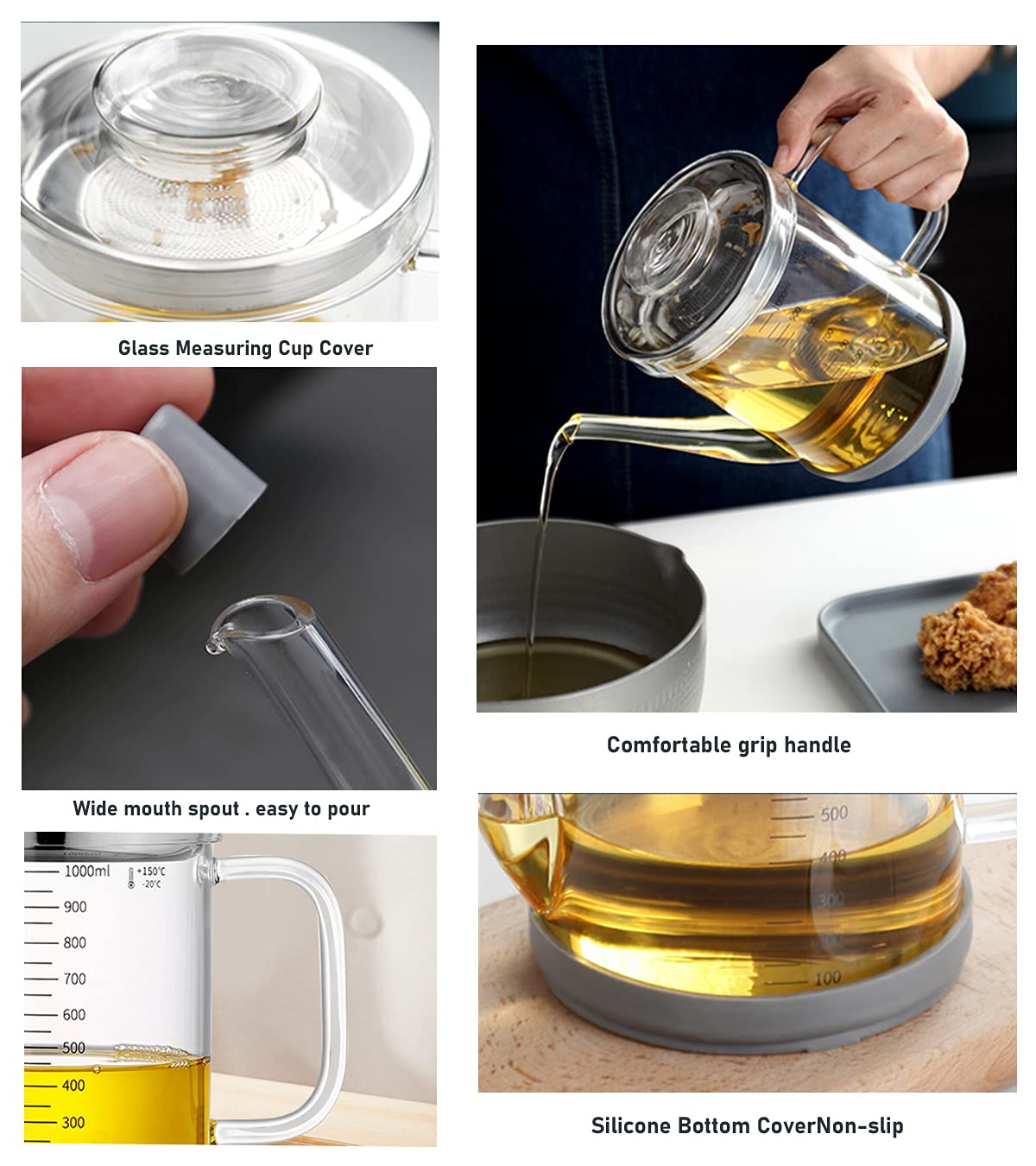 Home Servz Fat Separator,Cooking Gravy Strainer, with Stainless Steel Oil Strainer,1000ML Transparent Heat Resistant Glassware and Cover,Silicone Bottom Cover and Stopper