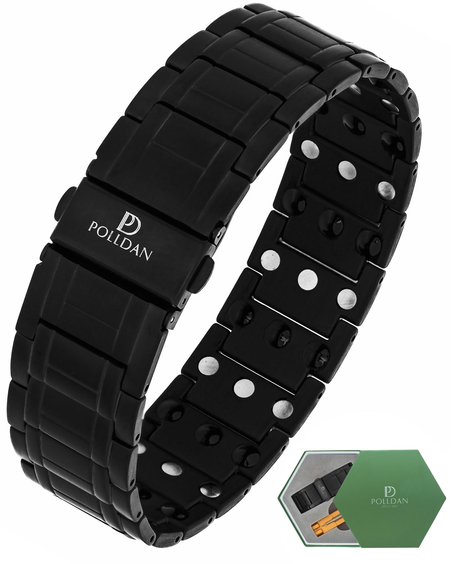 POLLDAN® Mens Magnetic Bracelet with 6200 Gauss Power | 3X Strength Mens Bracelet | Titanium Bracelets for Men with Fold-Over Clasp, Adjustable Length, Gift Box | Mens Wrist Jewelry (Black)