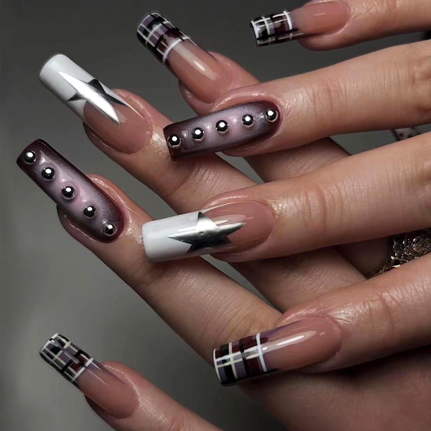 MISUD Press on Nails - Long Square Fake Nails with Goth Purple Ombre, Acrylic Y2K Star Charms Design 24 pcs