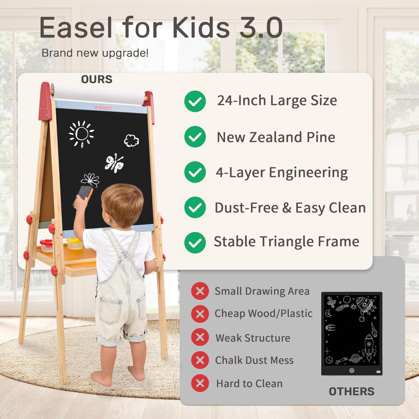 WINGYZ 3-in-1 Art Easel for Kids – Sturdy Pine Wood Easel with Magnetic Whiteboard, Chalkboard & 400" Paper Roll, Foldable Adjustable Heights for Ages 2-12, Complete Tool-Free Art Station