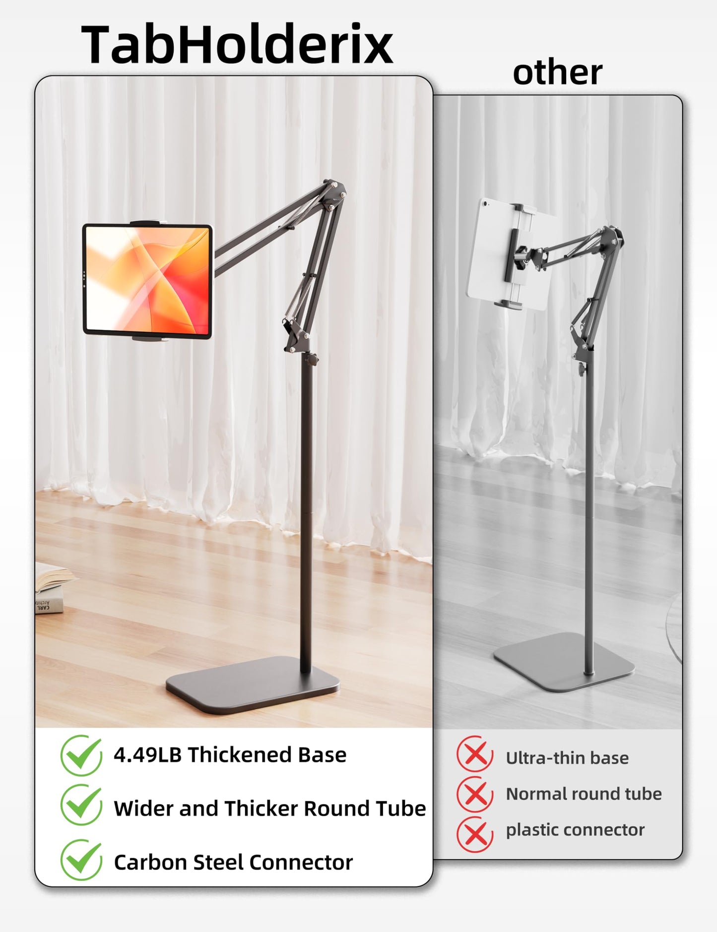 Tablet Floor Stand with 4.5LB Heavy Metal Base,Overhead Bed Phone Stand Angle Height Adjustable Holder, Universal Phone Mount for iPad iPhone Pro Air Mini, Samsung Tab, Kindle, E-Readers...