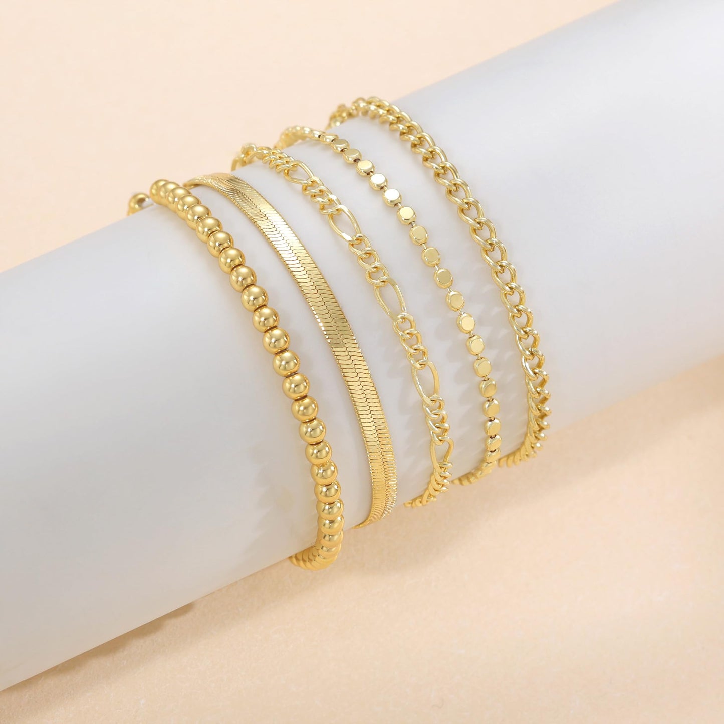DEARMAY Dainty 14K Gold Plated Chain Bracelets for Womens Trendy Waterproof Gold Jewelry Set Fashion Stackable Beaded Figaro Herringbone Link Bracelet Pack Stack Gifts