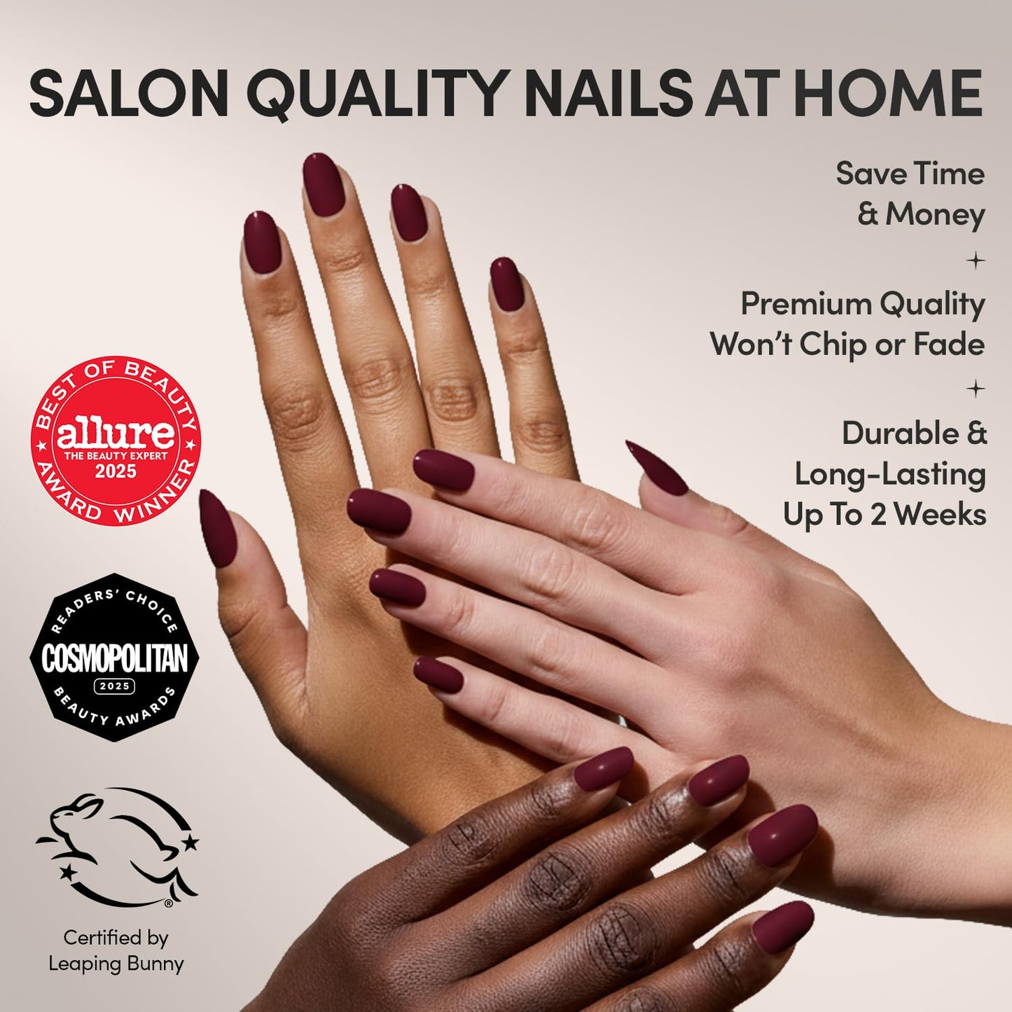 Glamnetic Press On Nails - Berry Maroon | Opaque Dark Red Maroon Short Round Fake Nails, Salon Quality | 12 Sizes - 30 Nail Kit with Glue