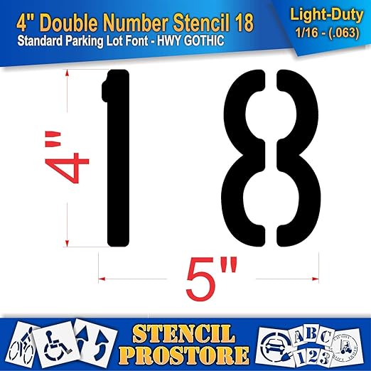 Pavement, Curb, and WheelStop Stencils - 4 inch Double Number Stencil - (18) - 4" x 4" x 1/16" (63 mil) - Light-Duty