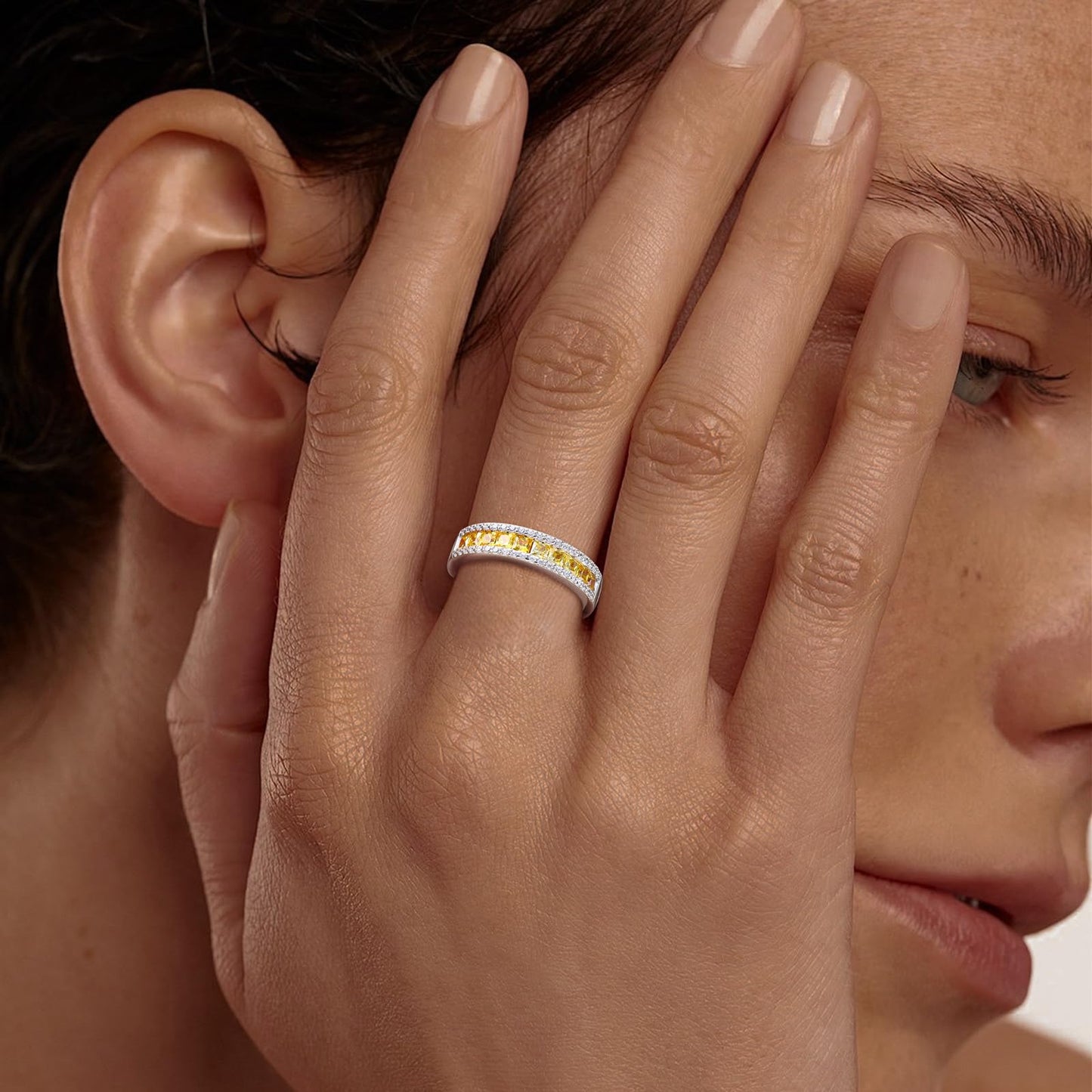 RANDES Citrine Rings for Women Eternity Band 925 Sterling Silver Channel Set Princess Cut Wedding Band Yellow Stone Ring Size 6