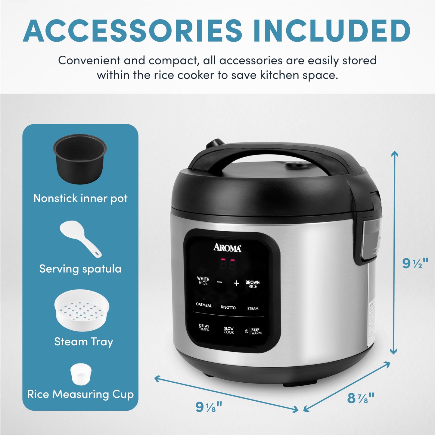 AROMA Digital Rice Cooker, 4-Cup (Uncooked) / 8-Cup (Cooked), Steamer, Multicooker, Slow Cooker, Oatmeal Cooker, Auto Keep Warm, 2 Qt, Stainless Steel Exterior