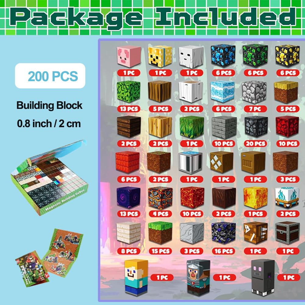 Wattlink Magnetic Building Blocks Set, 200 Pieces Pixel Style Construction Toys with Character Blocks, 0.8 Inch Cubes for Ages 3+, Non-Toxic Educational STEM Toys
