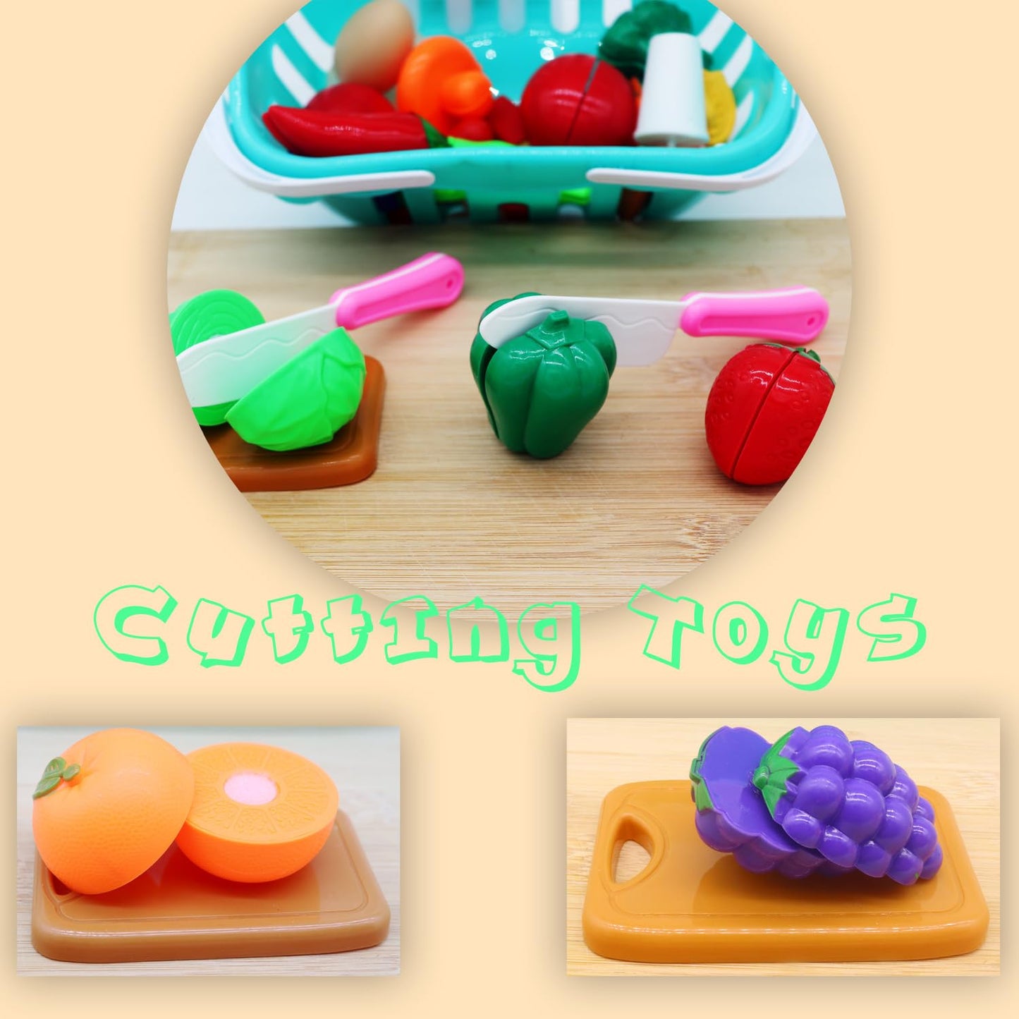 HOXBUR Pretend Play Kitchen Accessories for Kids, 77Pcs Cutting Fruits Vegetables Hamburger Toy Kitchen Accessories with Baskets for Toddlers 3 Years Old