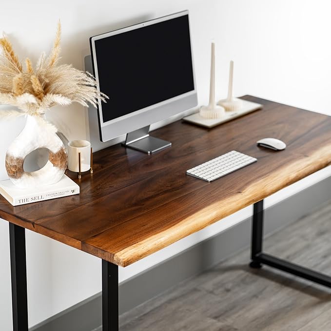 Solid Walnut Wood Computer Desk – Live Edge Wooden Home Office Desk with Sturdy Metal Legs – Handmade Real Wood Table for Work, Study, or Gaming - 60” x 27”