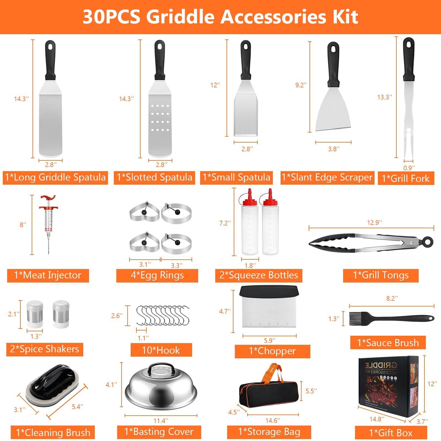 Blackstone Griddle Accessories, 30PCS Grilling Accessories for Outdoor Grill, Grill Accessories with Spatula, Basting Cover, Egg Rings for Outdoor BBQ, Camping, Teppanyak