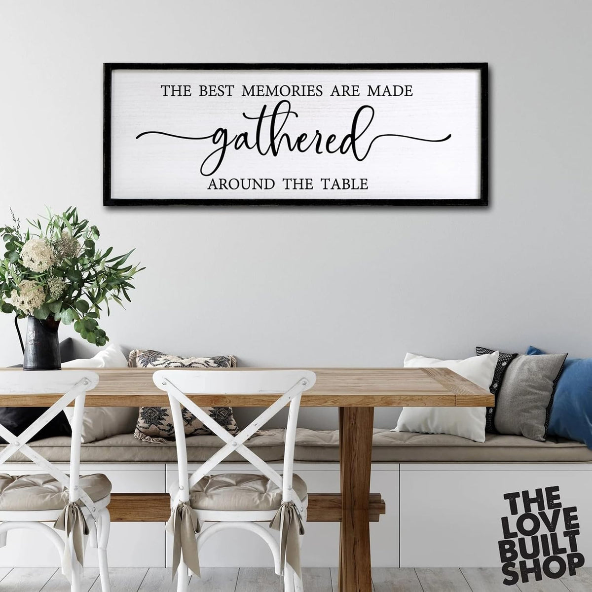 The Best Memories are Made Gathered Around The Table Sign Framed Wall Art, 40''×15'' Rustic Horizontal Plaque with Black Frame for Dinning Living Room, Long Home Family Wood Sign Wall Decor