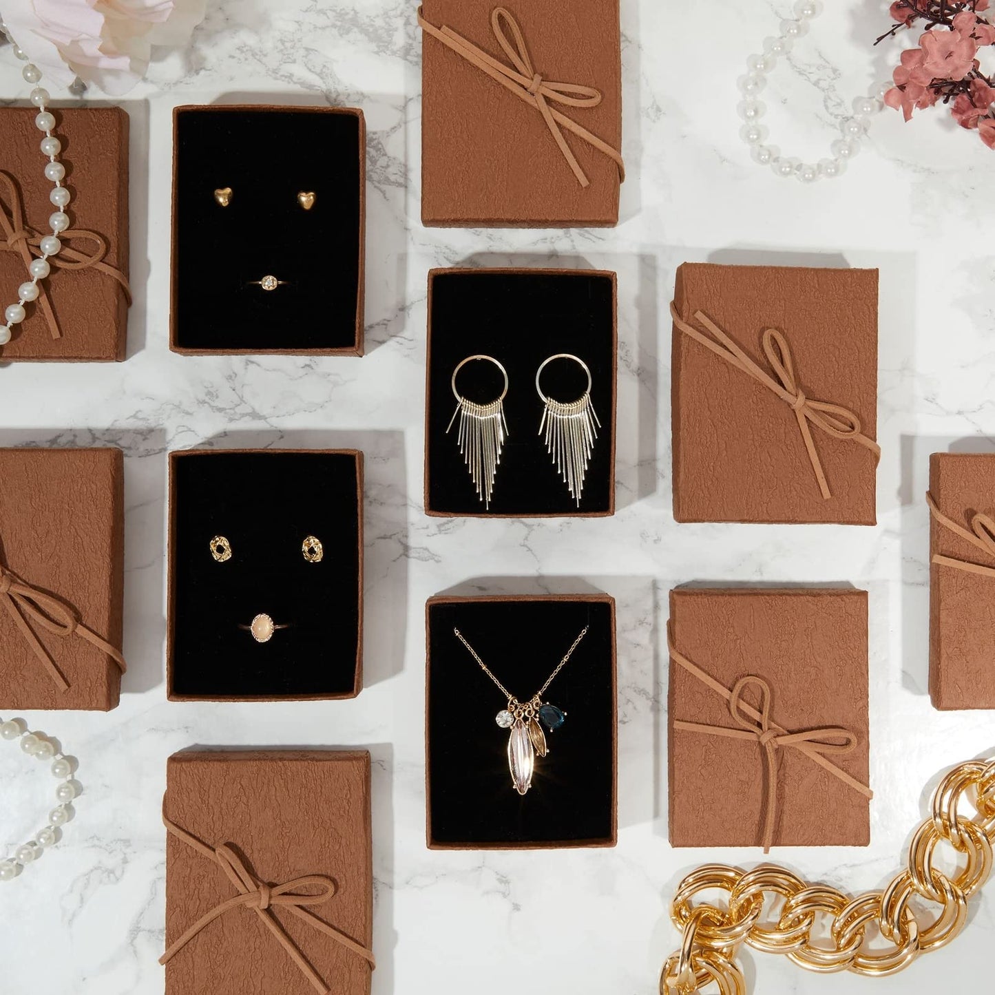 Juvale Jewelry Gift Boxes - 3.7 x 2.9 x 1.3 In, Kraft, Pack of 12 - Velvet Lined & Bow Lid Cardboard Necklace Box