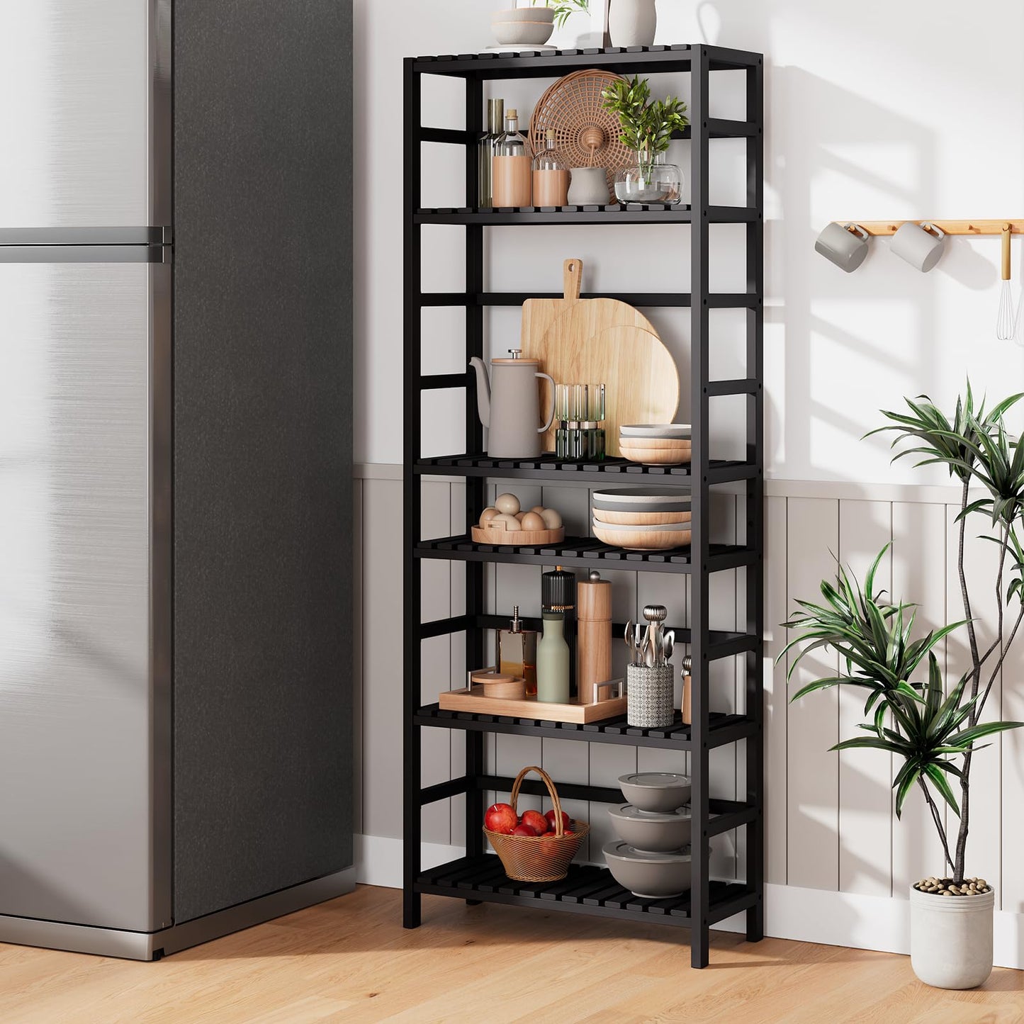 Bamjoy Bamboo Shelf, 6-Tier Bookshelf Adjustable Storage Shelves, Tall Shelving Unit Plant Stand, Storage Rack for Bathroom Home Office Living Room Kitchen, 23.6W x 10.2D x 63.4H Black