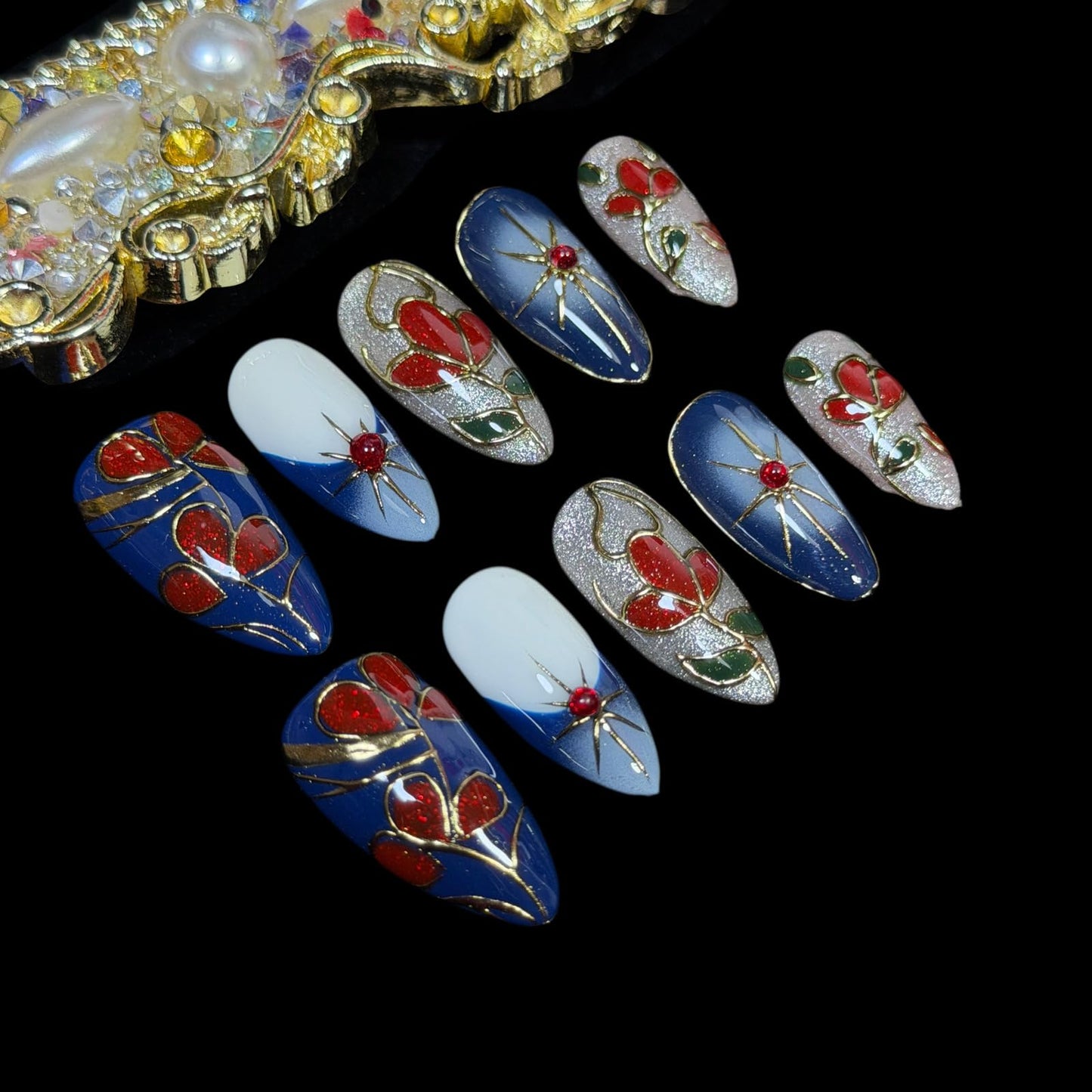 Handmade Press On Nails, Medium Almond Hand-Painted Floral Design, Luxury Blue & Red Art with Gold Outline Design, Reusable Acrylic Fake Nails Set Enamel (M)