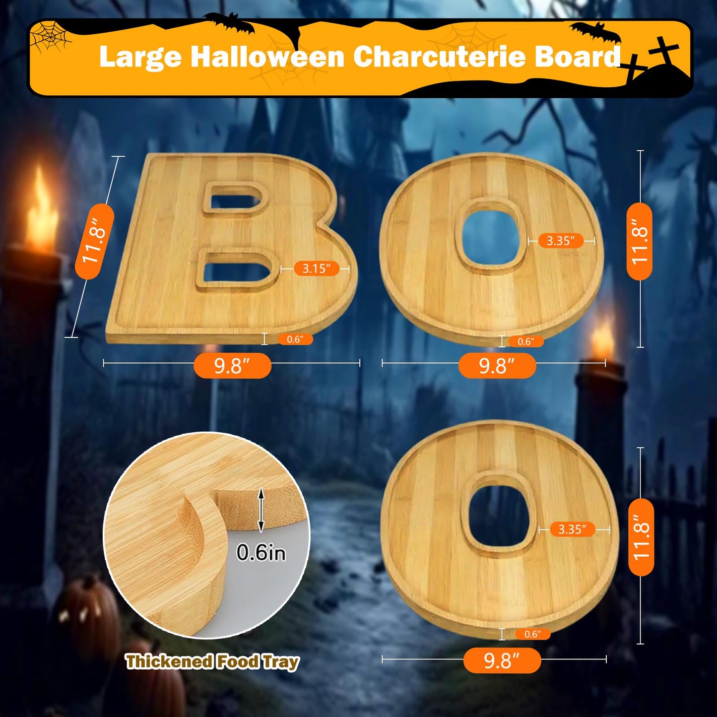 Charcuterie Board,3PCS Boo Serving Food Tray,Bamboo Wood Letter Cheese Board Platter,Christmas Party Table Decorations Serving Dishes for Kitchen Candy Cookie