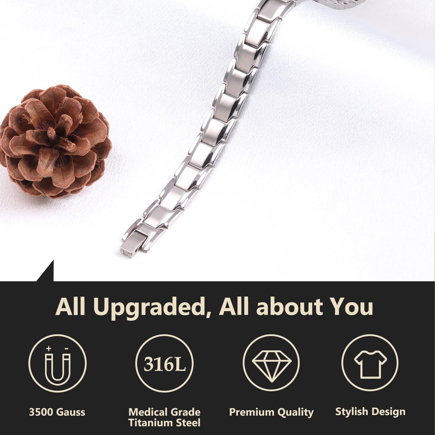 Feraco Mens Magnetic Bracelet Titanium Steel Magnet Therapy Bracelets with Sizing Tool, Silver