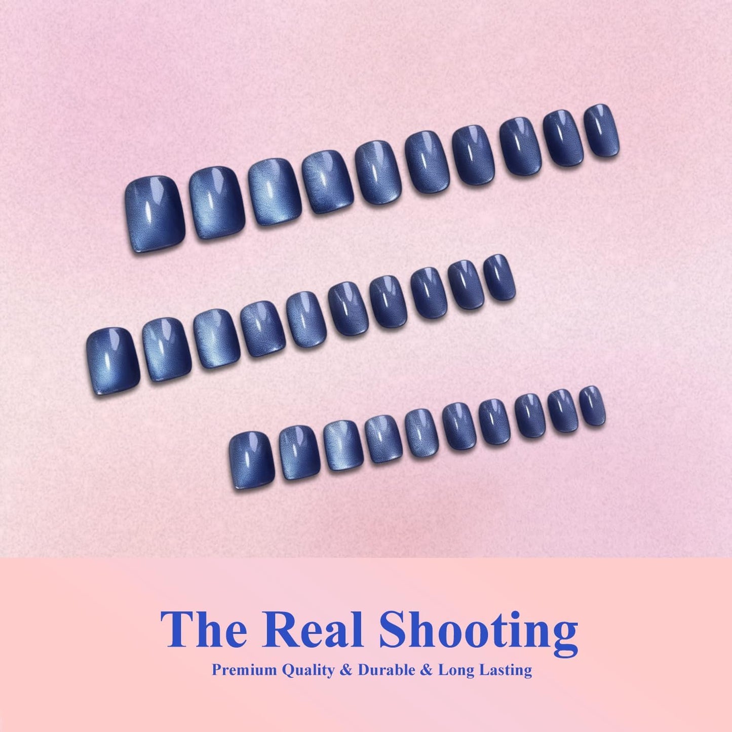 KQueenest Cat Eye Press On Nails Short - Midnight Blue Press On Nails Square, 30 Pcs 15 Sizes Sparkly Glitter Fake Nails Press ons, Thick Quality, Reusable Small Glue on Nail for Women Summer