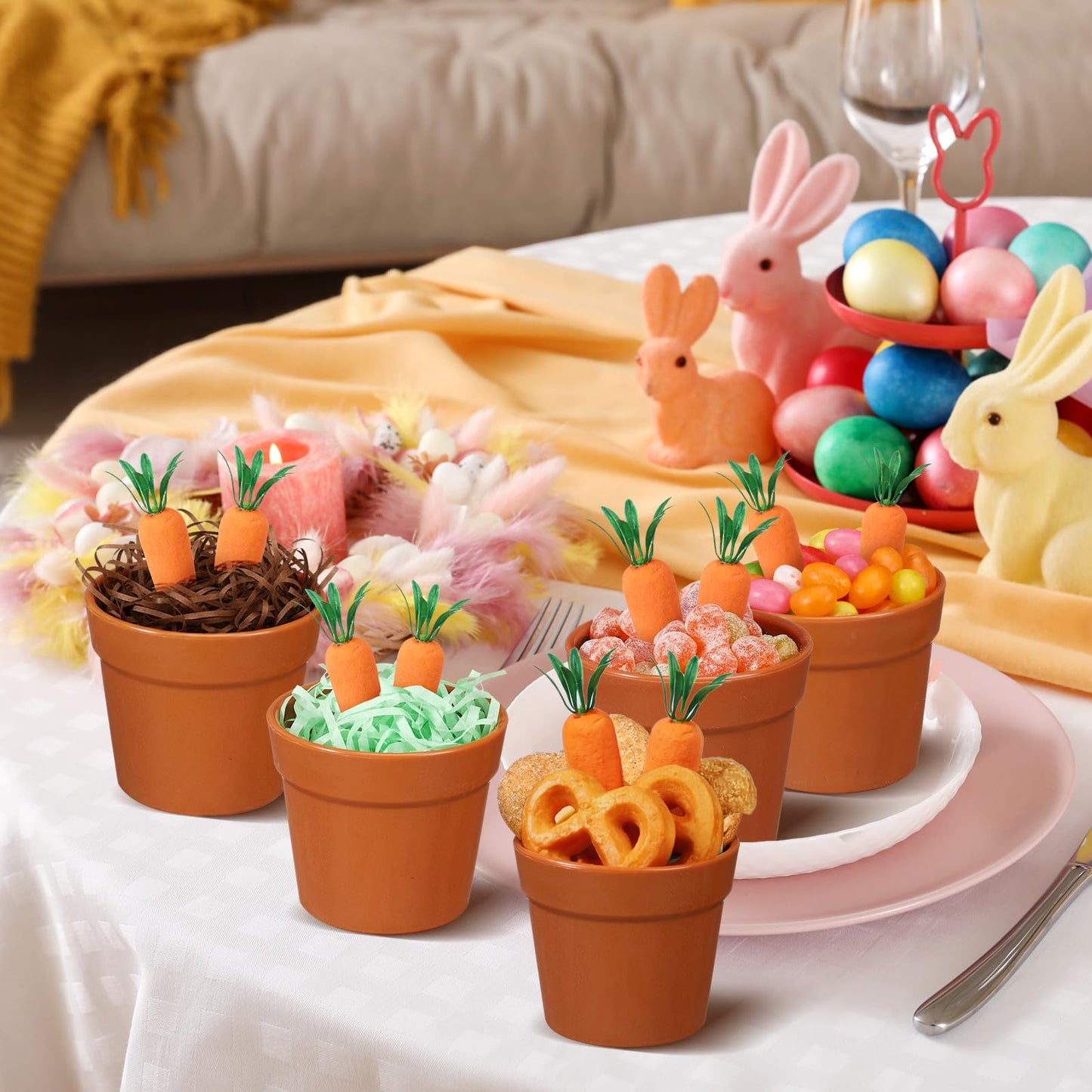 Simgoing 24 Set Mini Easter Baskets Bulk Tiny Easter Party Favors DIY Craft Kit Gifts Decorative Terracotta Pot with Carrots Supplies for Easters Basket Stuffer Spring Classroom Activities Decoration