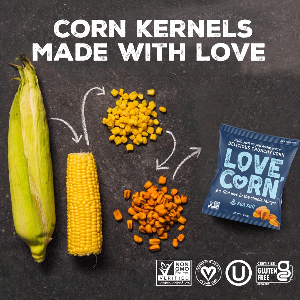 LOVE CORN Sea Salt – Crunchy Roasted Corn Snack, 3 Simple Ingredients, Gluten Free, Non-GMO, Vegan – Alternative to Chips, Nuts & Crackers – Lunchbox, Office & On-the-Go Snacks – 0.7oz × 20 Bags