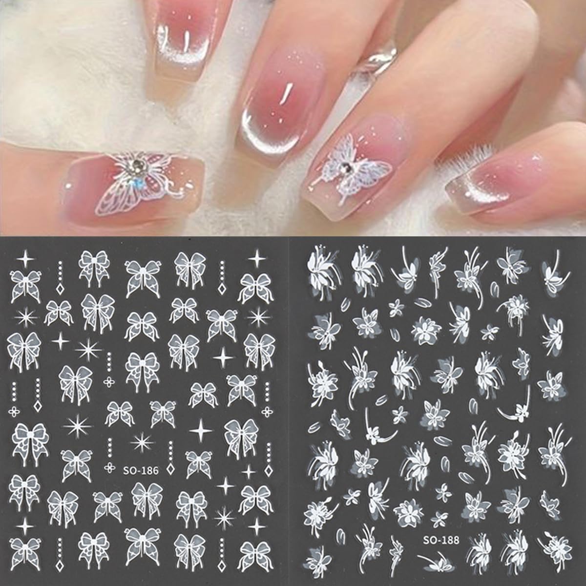 6 Sheets Flowers Nail Art Stickers Black White Bow Flower Decal Nail Decoration Nail Art Supplies 3D Self Adhesive Petal Nail Design Floral Flower Nail Decal Spring Summer Manicure Art Accessories
