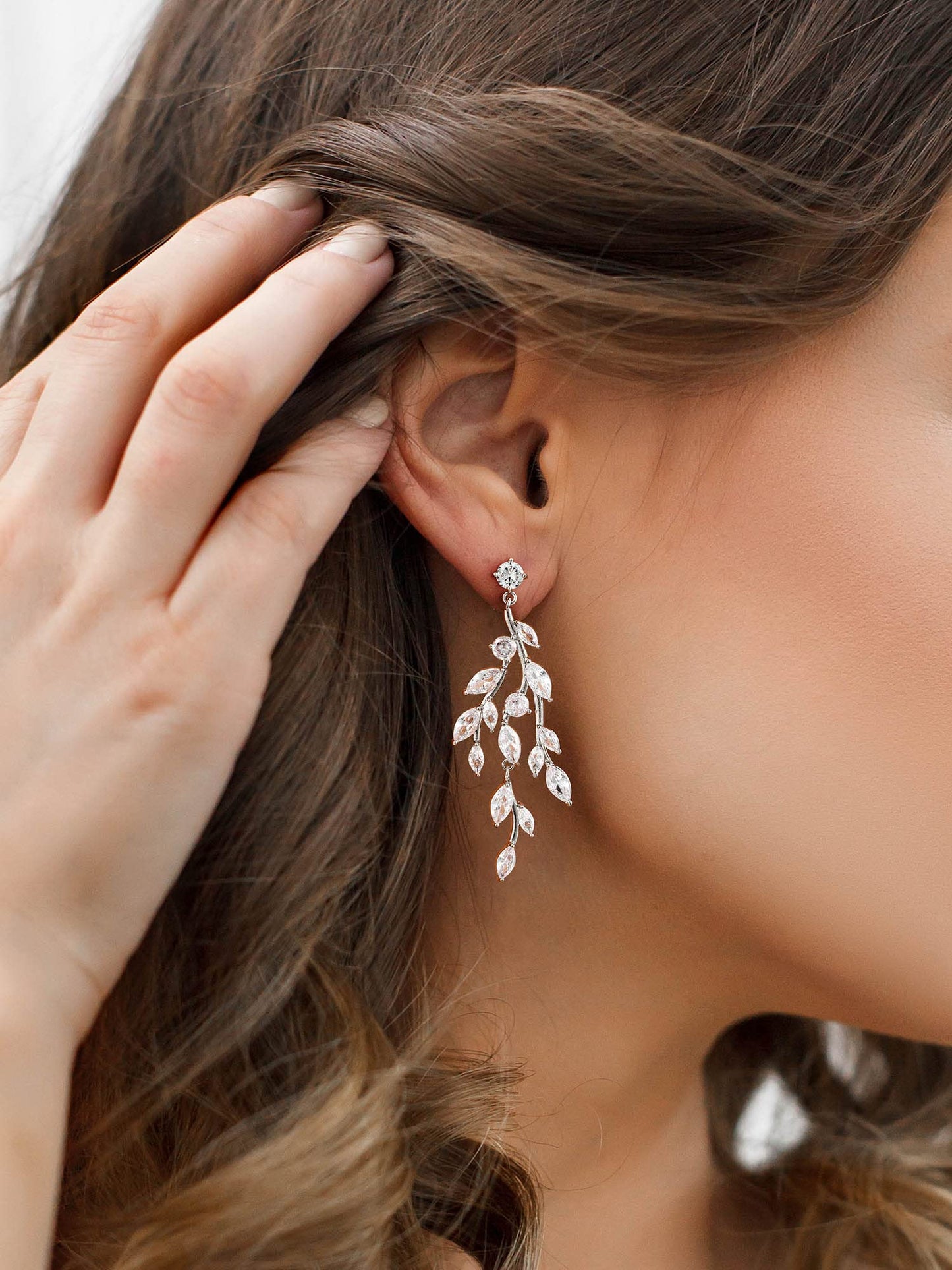 SWEETV Leaf Bridal Drop Earrings - Silver Cubic Zirconia Dangling Earrings for Brides, Bridesmaids, Prom, Formal Party, Style2