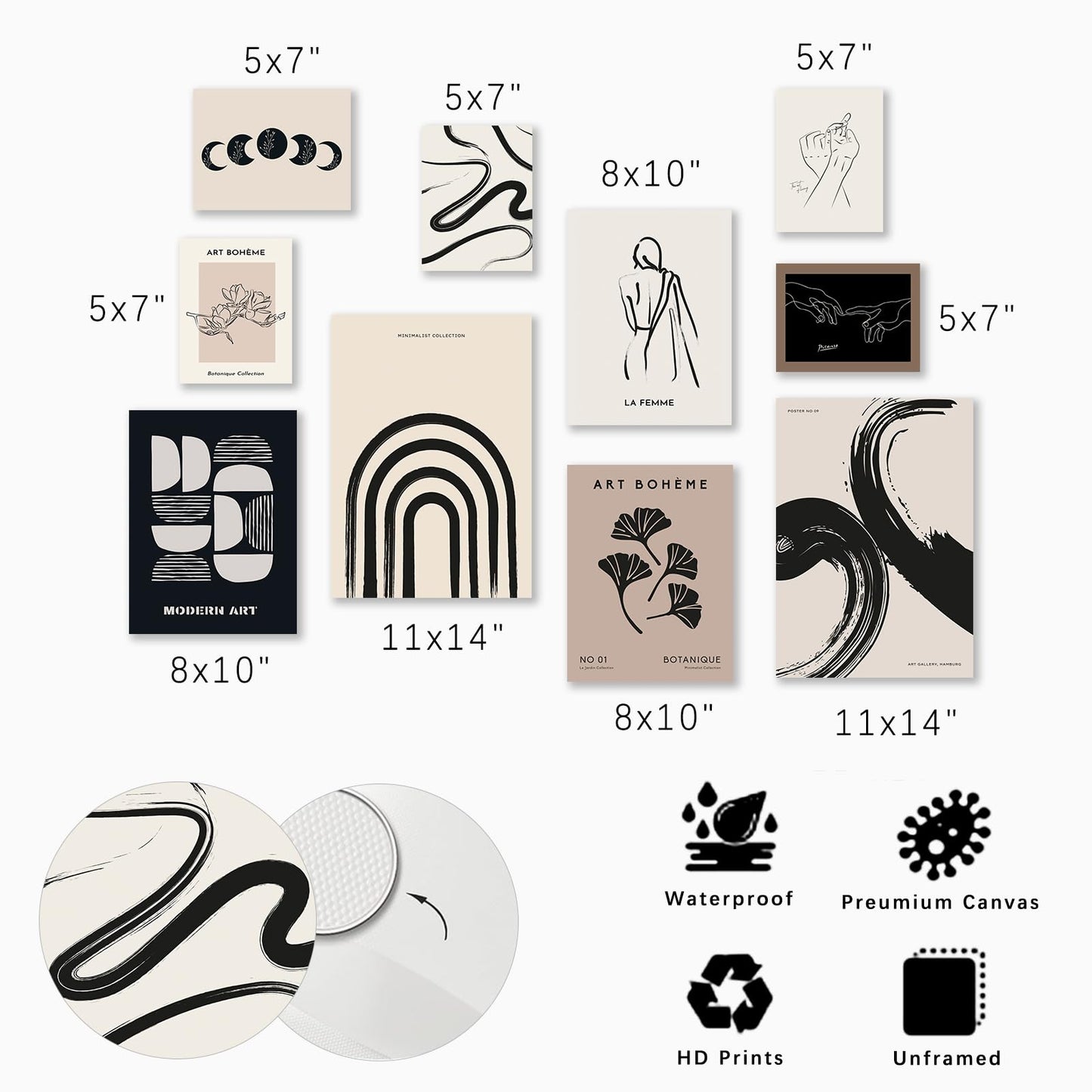 KBKBART Minimalist Boho Wall Art Prints, 10 PCs Abstract Neutral Black Beige Women Body Line Flower Canvas Art, Eclectic Home Decor for Room