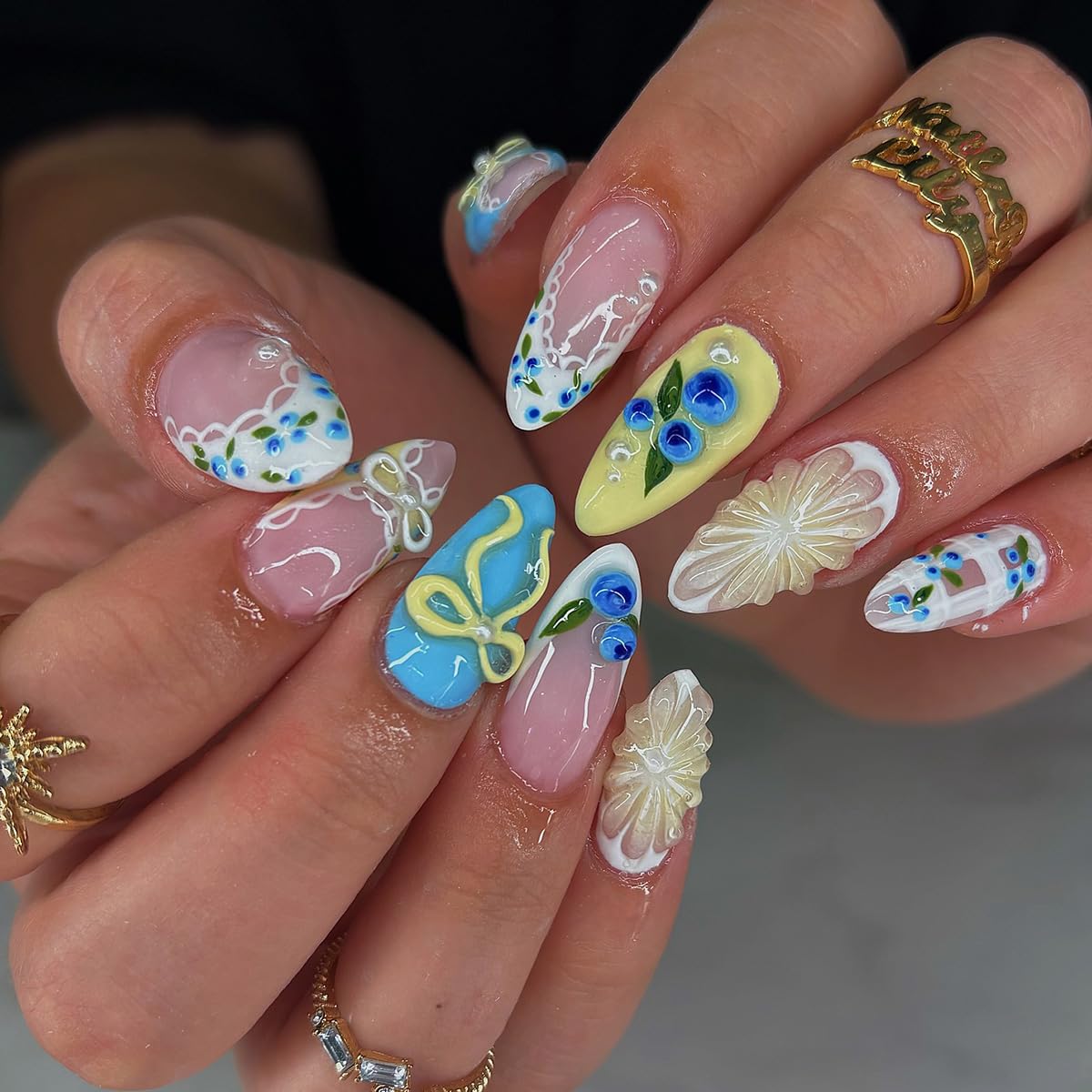 30Pcs Summer Press on Nails Medium Almond Fake Nails 3D Cute Blueberry Lemon Press Ons Glossy Design Stick on Nails French Tip False Nails Reusable Holiday Fruit Glue on Nails for Women Acrylic DIY