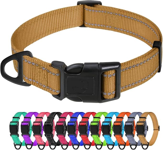 TagME Large Dog Collar, Reflective Nylon Collar, Khaki, 1.0" Width