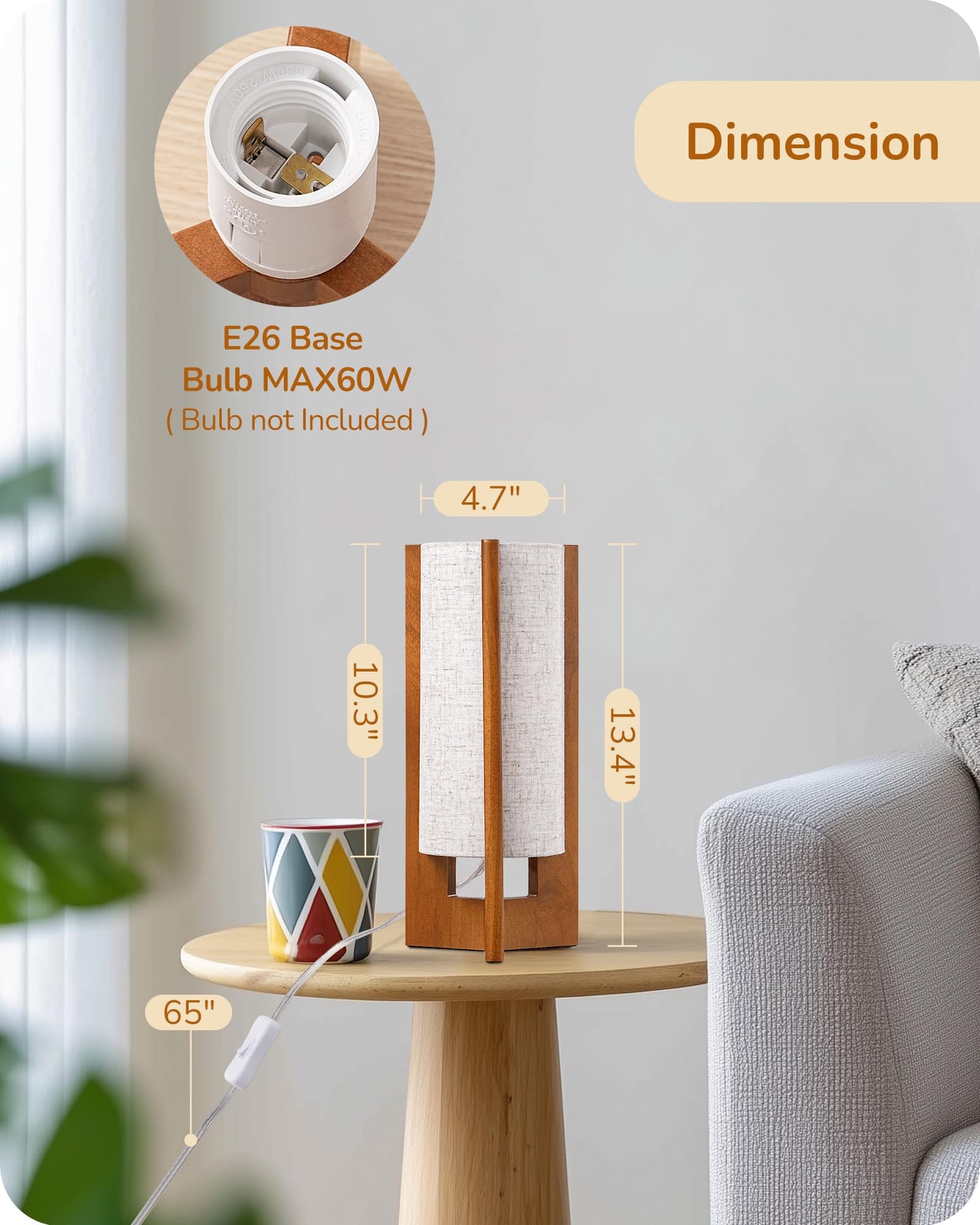 EDISHINE 13.5" Small Table Lamp, Walnut Wood Cylinder Nightstand Lamp for Bedroom, Beige Linen Shade, Corner Modern Bedside Lamp for Living Room, On-Off Line Switch, E26 Base (Bulb Not Included)
