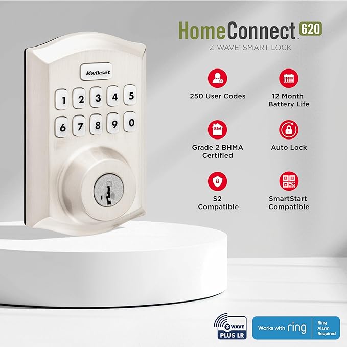 Kwikset HomeConnect 620 Z-Wave Long Range Enabled Keypad Smart Lock Convenient Keyless Entry, Customizable User Codes, Ring Alarm Compatible, Hub Required, Sold Separately Polished Brass Traditional