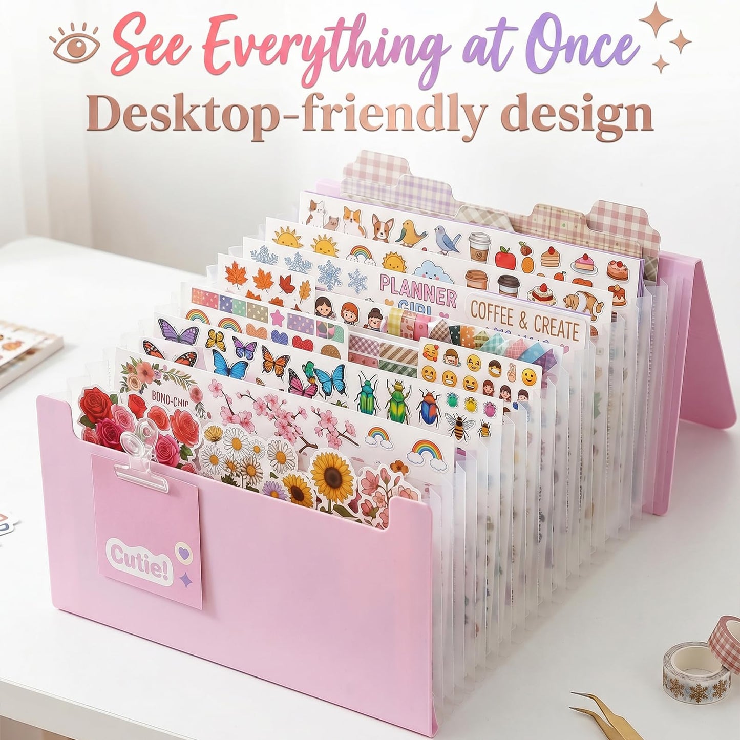 Sticker Storage Organizer with 13 Expandable Pockets, Multi-Layer Desktop Sticker Binder for Scrapbook Essentials and Journal Organizer, Large Capacity for Thick Sticker Album, Washi Tape(Blue)